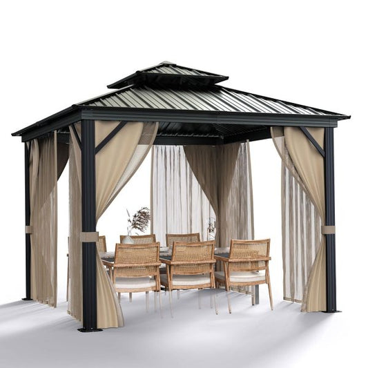 10x10 Hardtop Gazebo with double metal roof, aluminum frame, net, and curtain. All-weather, ideal for patio, deck, garden, backyard. Khaki.