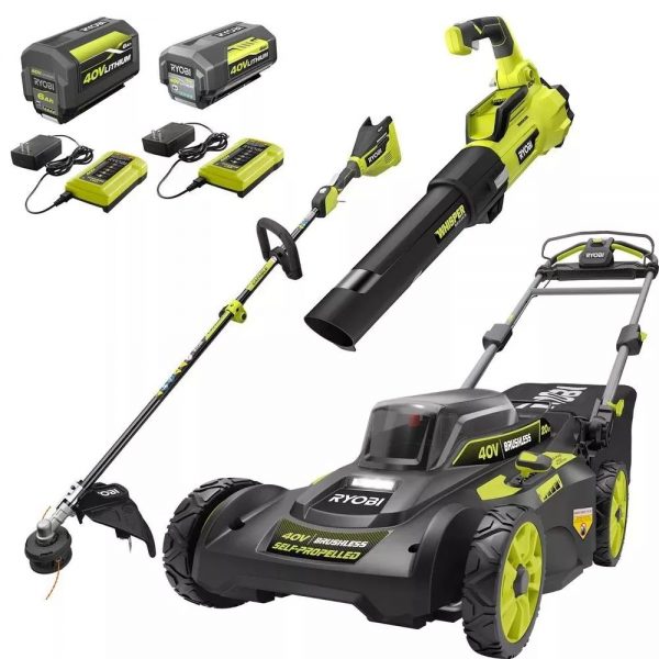 40V Brushless 20 in. Walk Behind Self Propelled Mower String Trimmer Leaf Blower with (2) Batteries and (2) Chargers