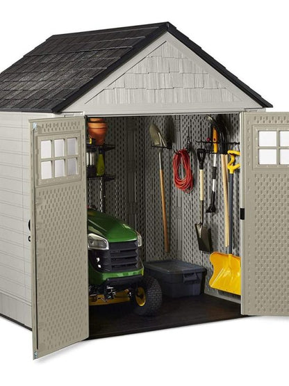 7×7 Ft Durable Weather Resistant Resin Outdoor Garden Storage Shed with Windows and Utility Hooks, Sand