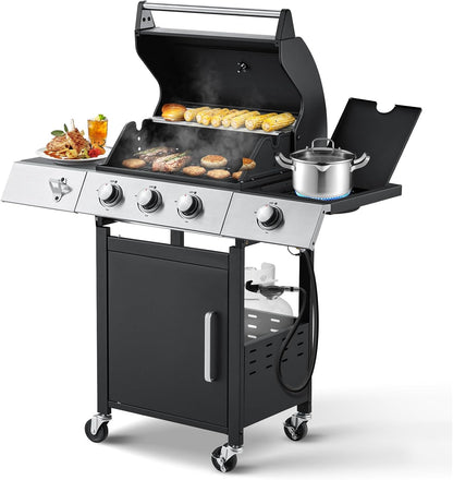 Upgraded 4 Burner BBQ Propane Gas Grill with Cast Iron Grates & Side Stove, 44,000 BTU Stainless Steel Burner Barbecue Grill for Patio, Camping, Outdoor Cooking MELLCOM