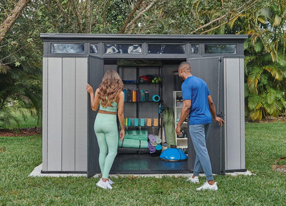 Keter Artisan 11x7 Modern Resin Outdoor Storage Shed Kit-Perfect to Store Patio Furniture, Garden Tools Bike Accessories, Beach Chairs and Lawn Mower, Grey & Black