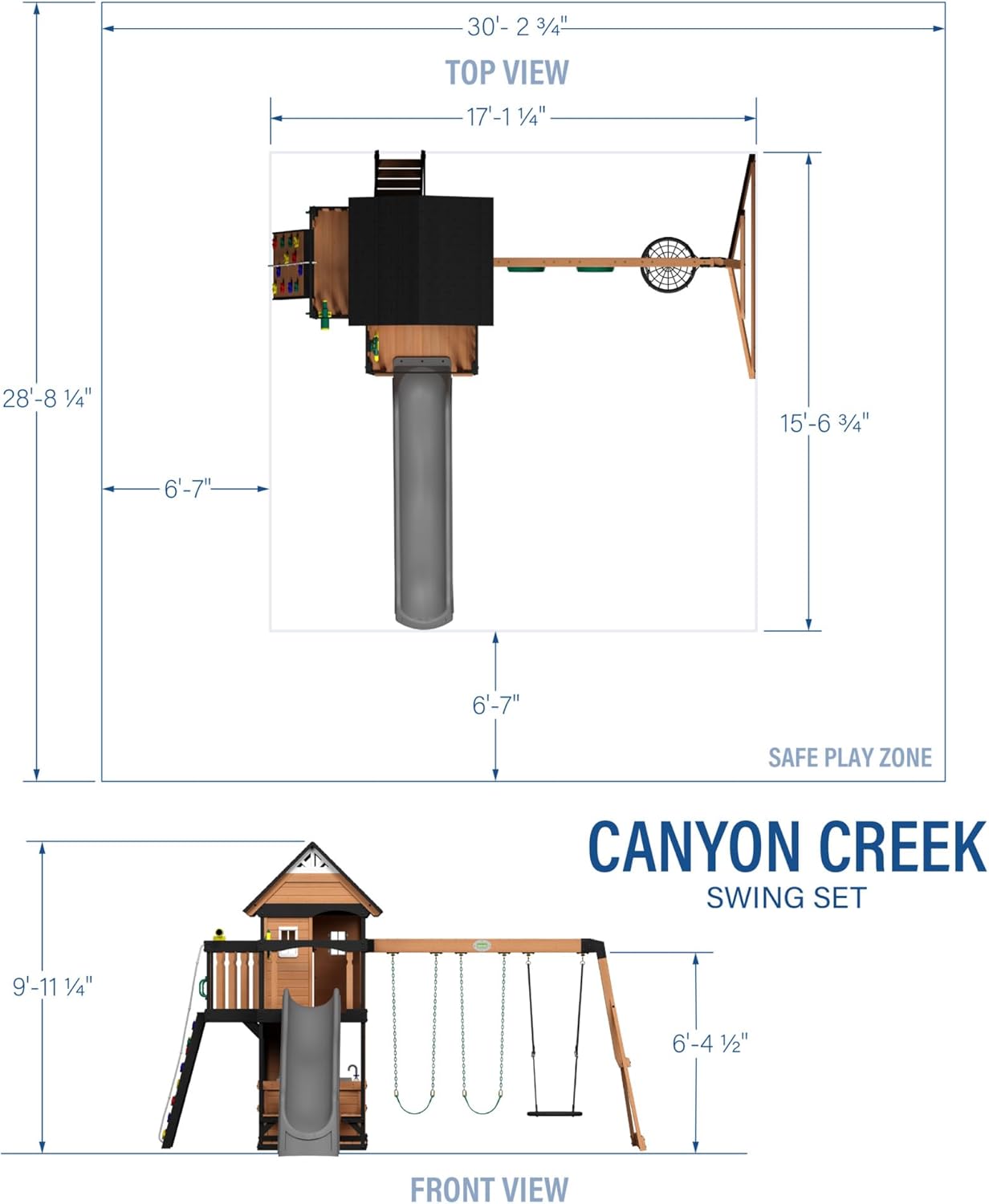 Backyard Discovery Canyon Creek Cedar Wood Swing Set with Wave Slide, Clubhouse, Play Kitchen, Picnic Area, Belt Swings, Web Swing, Rock Wall, Balconies, Playhouse, Step Ladder, Outdoor Playset