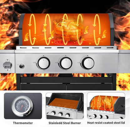 Upgraded 4 Burner BBQ Propane Gas Grill with Cast Iron Grates & Side Stove, 44,000 BTU Stainless Steel Burner Barbecue Grill for Patio, Camping, Outdoor Cooking MELLCOM