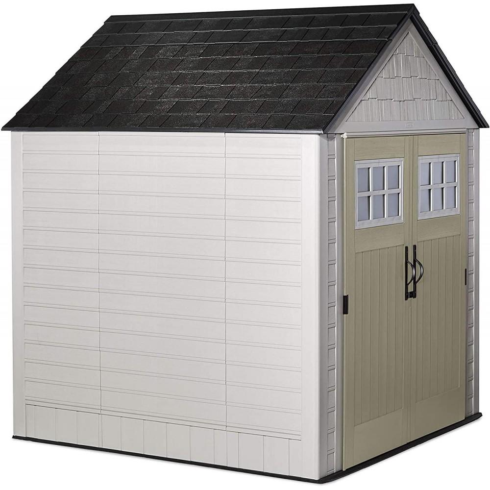 7×7 Ft Durable Weather Resistant Resin Outdoor Garden Storage Shed with Windows and Utility Hooks, Sand