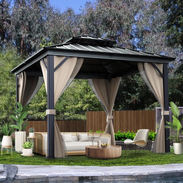 10x10 Hardtop Gazebo with double metal roof, aluminum frame, net, and curtain. All-weather, ideal for patio, deck, garden, backyard. Khaki.