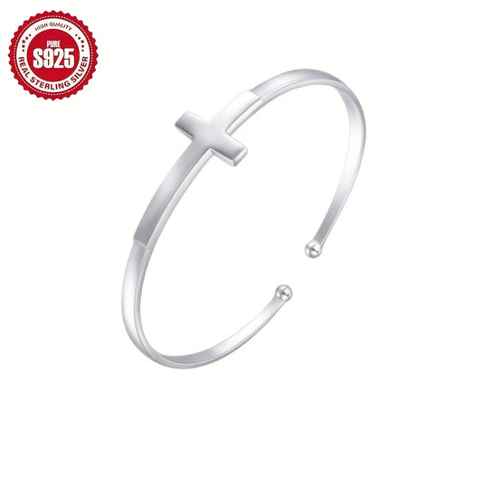 1pc Vintage Simple 925 Sterling Silver Cross Cuff Bracelet, July Birthstone, Valentine's Day Gift, All-Season Daily & Party Accessory with Elegant Polished Finish and Gift Box, Neutral, Graduation, Exquisite Polishing Craft