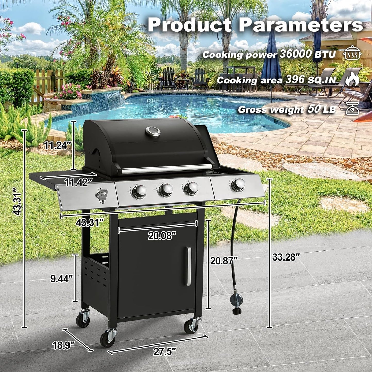 Upgraded 4 Burner BBQ Propane Gas Grill with Cast Iron Grates & Side Stove, 44,000 BTU Stainless Steel Burner Barbecue Grill for Patio, Camping, Outdoor Cooking MELLCOM