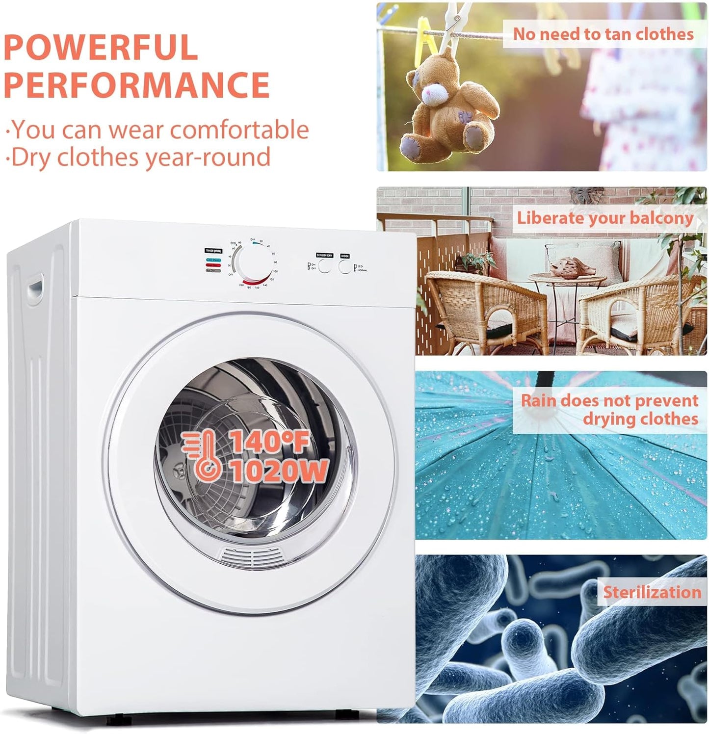 Compact Dryer 1.8 cu. ft. Portable Clothes Dryers with Exhaust Duct