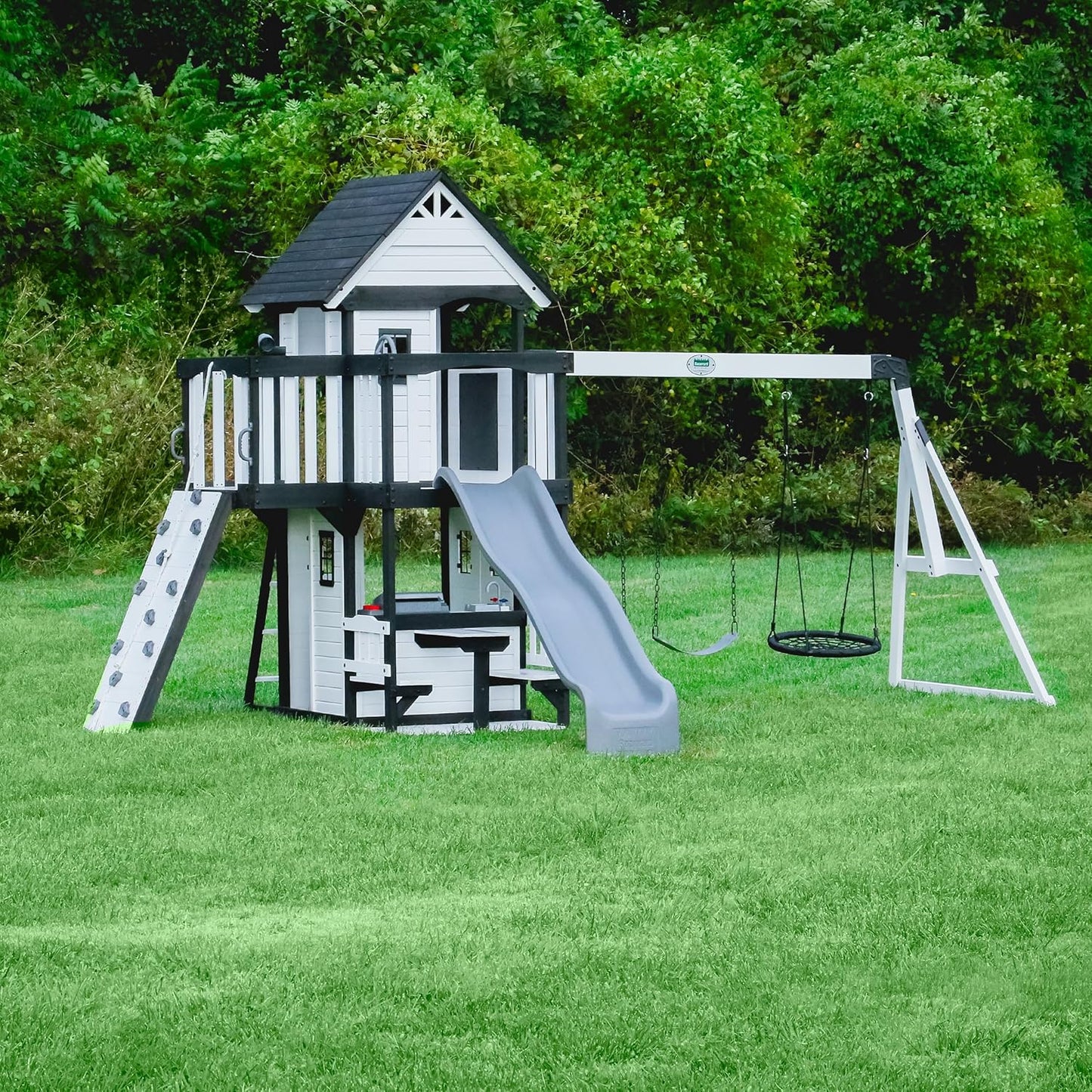 Backyard Discovery Canyon Creek Cedar Wood Swing Set with Wave Slide, Clubhouse, Play Kitchen, Picnic Area, Belt Swings, Web Swing, Rock Wall, Balconies, Playhouse, Step Ladder, Outdoor Playset