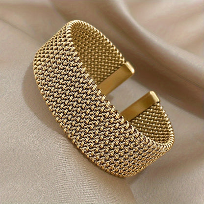 1pc Elegant 18K Golden Plated Titanium Steel Mesh Cuff Bangle - Luxury Open Bracelet for Women, Versatile Daily & Gift Wear Jewelry