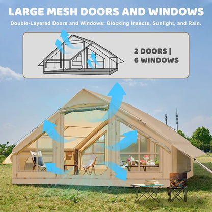 6 Person Inflatable Camping Tent with Pump, 10ft x7ft Glamping Family Tent Easy Setup 4 Season Waterproof Windproof Outdoor Blow Up Tent Luxury Oxford Cabin with Mesh Windows & Doors sgtnighsdesigns