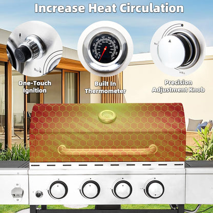 Upgraded 4 Burner BBQ Propane Gas Grill with Cast Iron Grates & Side Stove, 44,000 BTU Stainless Steel Burner Barbecue Grill for Patio, Camping, Outdoor Cooking MELLCOM