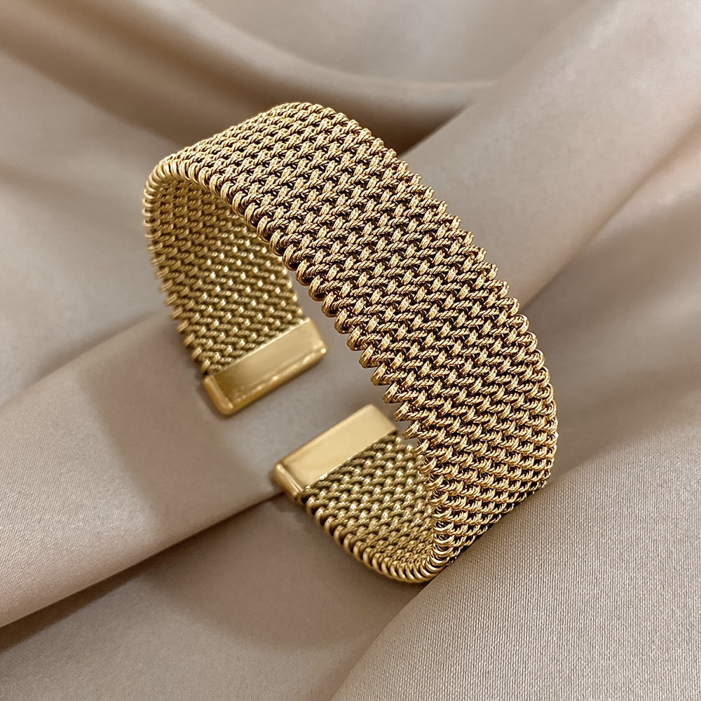 1pc Elegant 18K Golden Plated Titanium Steel Mesh Cuff Bangle - Luxury Open Bracelet for Women, Versatile Daily & Gift Wear Jewelry