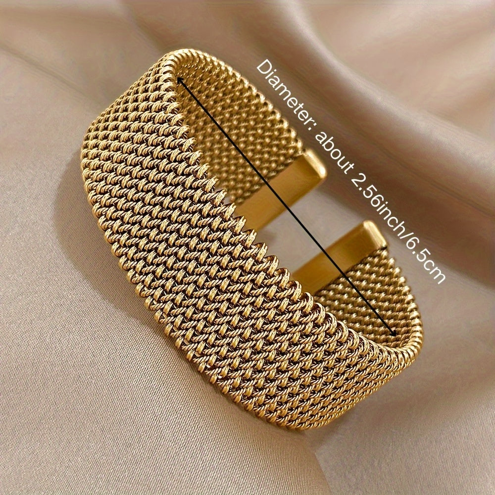 1pc Elegant 18K Golden Plated Titanium Steel Mesh Cuff Bangle - Luxury Open Bracelet for Women, Versatile Daily & Gift Wear Jewelry