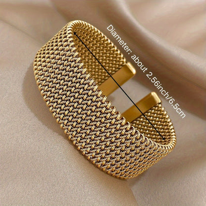 1pc Elegant 18K Golden Plated Titanium Steel Mesh Cuff Bangle - Luxury Open Bracelet for Women, Versatile Daily & Gift Wear Jewelry