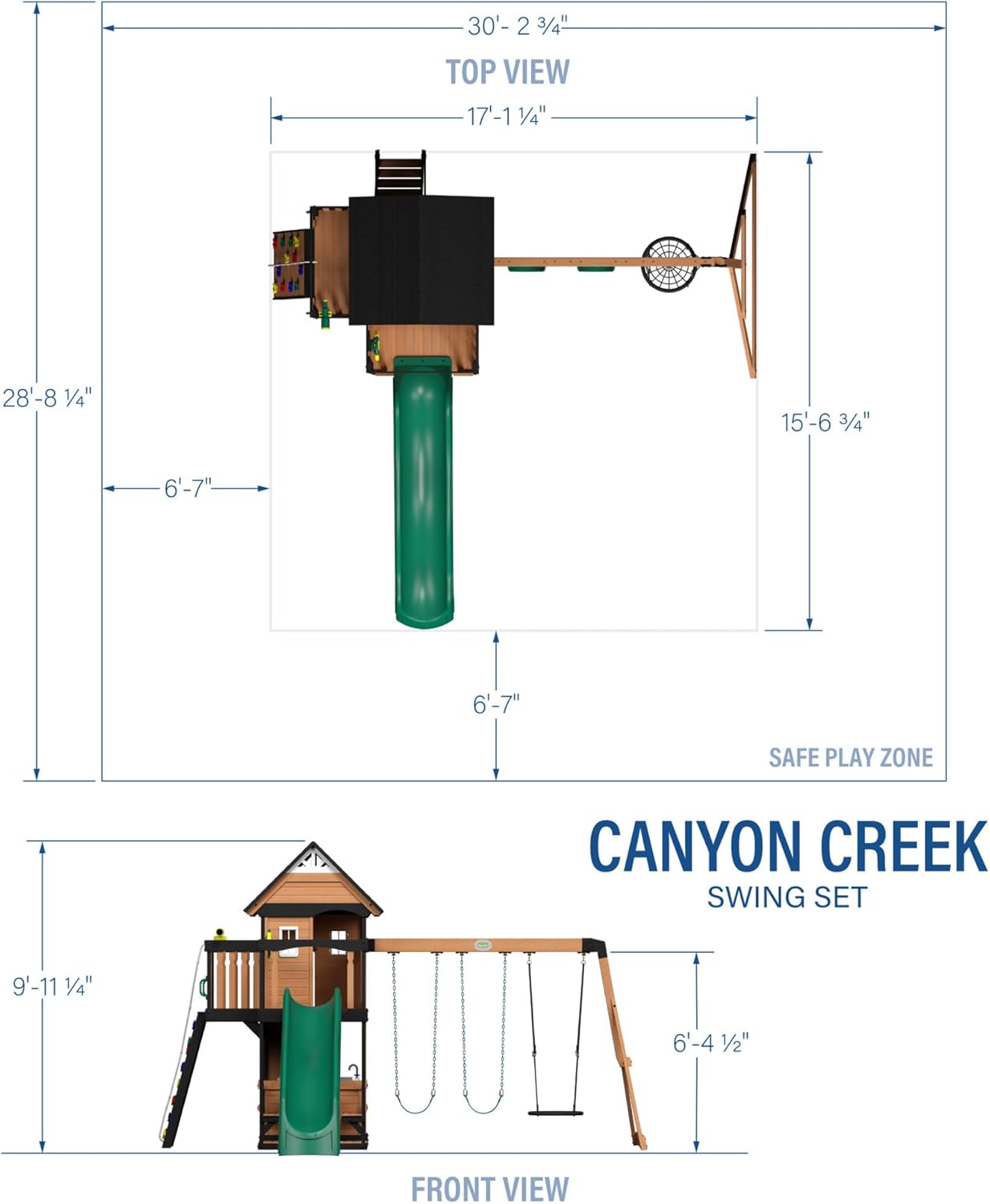 Canyon Creek Cedar Wood Swing Set with Wave Slide, Clubhouse, Play Kitchen, Picnic Area, Belt Swings, Web Swing, Rock Wall, Balconies, Playhouse, Step Ladder, Outdoor Playset