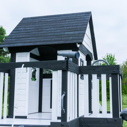 Backyard Discovery Canyon Creek Cedar Wood Swing Set with Wave Slide, Clubhouse, Play Kitchen, Picnic Area, Belt Swings, Web Swing, Rock Wall, Balconies, Playhouse, Step Ladder, Outdoor Playset