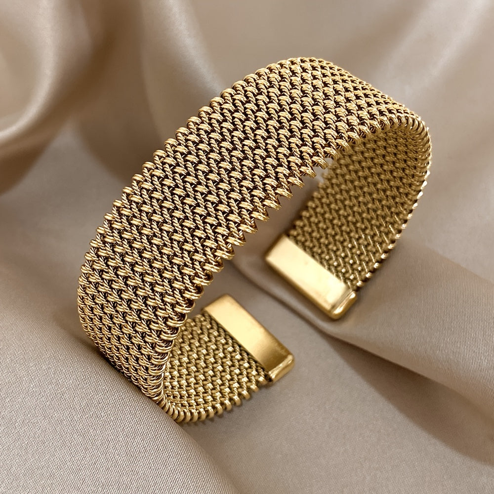 1pc Elegant 18K Golden Plated Titanium Steel Mesh Cuff Bangle - Luxury Open Bracelet for Women, Versatile Daily & Gift Wear Jewelry
