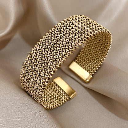 1pc Elegant 18K Golden Plated Titanium Steel Mesh Cuff Bangle - Luxury Open Bracelet for Women, Versatile Daily & Gift Wear Jewelry
