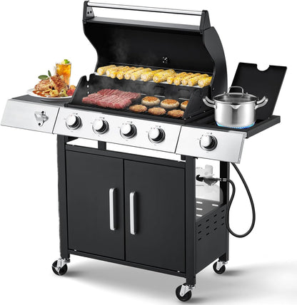 Upgraded 4 Burner BBQ Propane Gas Grill with Cast Iron Grates & Side Stove, 44,000 BTU Stainless Steel Burner Barbecue Grill for Patio, Camping, Outdoor Cooking MELLCOM