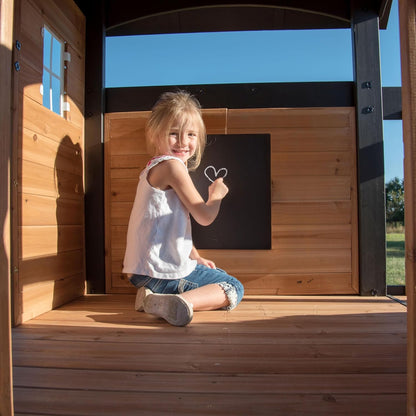 Canyon Creek Cedar Wood Swing Set with Wave Slide, Clubhouse, Play Kitchen, Picnic Area, Belt Swings, Web Swing, Rock Wall, Balconies, Playhouse, Step Ladder, Outdoor Playset