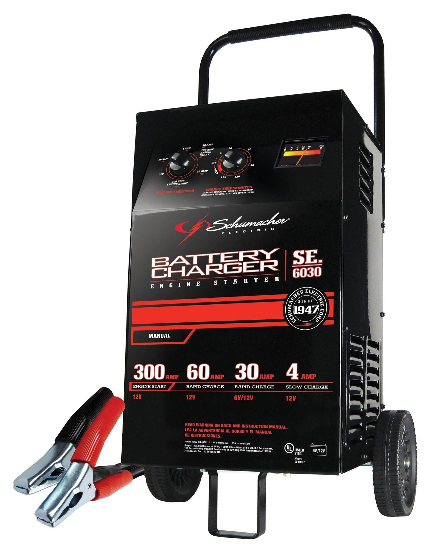 Schumacher Electric Wheeled Battery Charger and Engine Starter, SC1446, 2-in-1, manual timer control, 300 crank amps, 6 volts, 12 volts, for car, SUV, truck and Marine batteries
