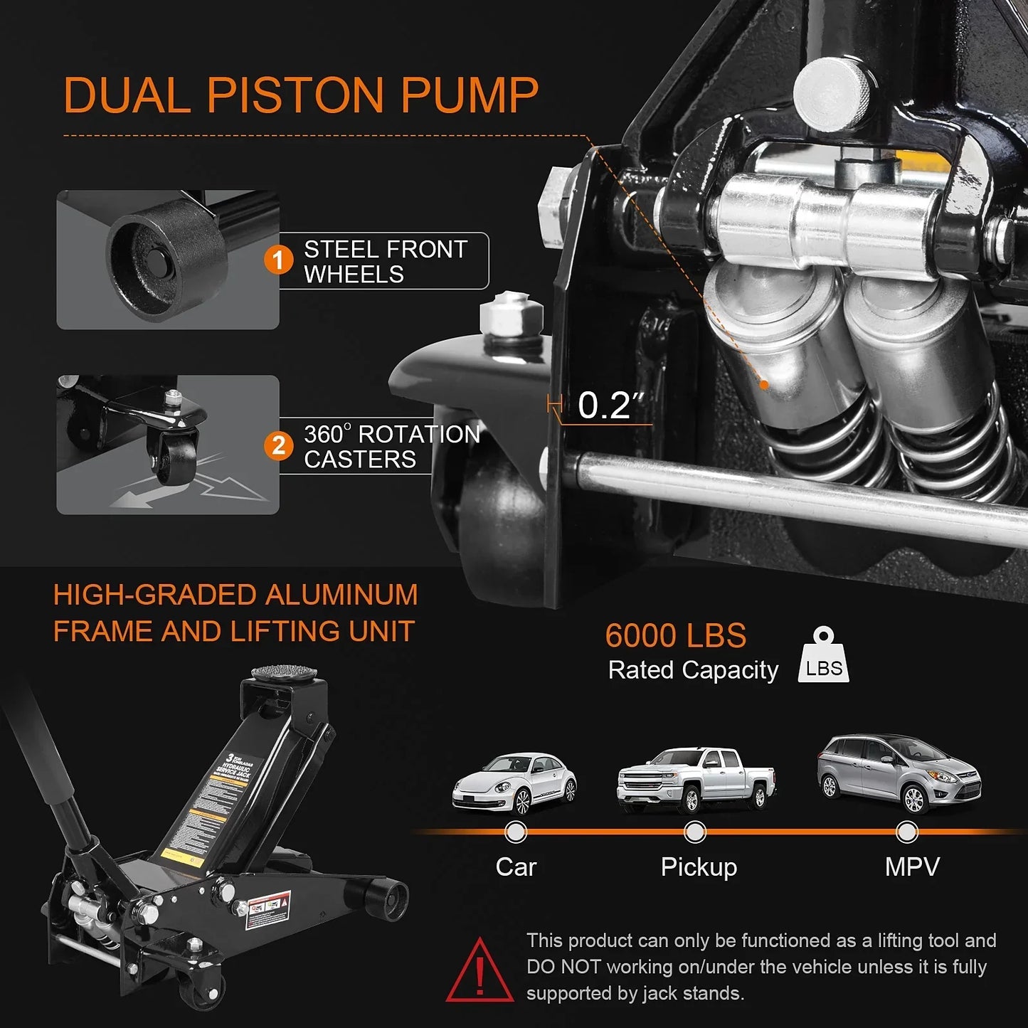 3 Ton Floor Jack Hydraulic Heavy Duty Steel Car Jack with Quick Lift Dual Pump,Black,W8303-B