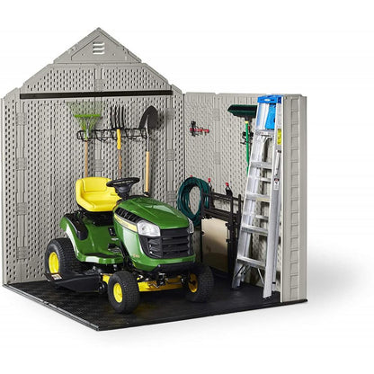 7×7 Ft Durable Weather Resistant Resin Outdoor Garden Storage Shed with Windows and Utility Hooks, Sand