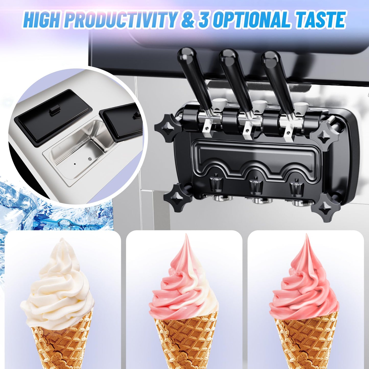 2200W Commercial Ice Cream Machine, 3 Flavor Soft Serve Ice Cream Machine, 5.3-7.4 Gal/Hr, with LCD Touch Screen, Automatic Cleaning, High Productivity for Home Snack Bar & Restaurants