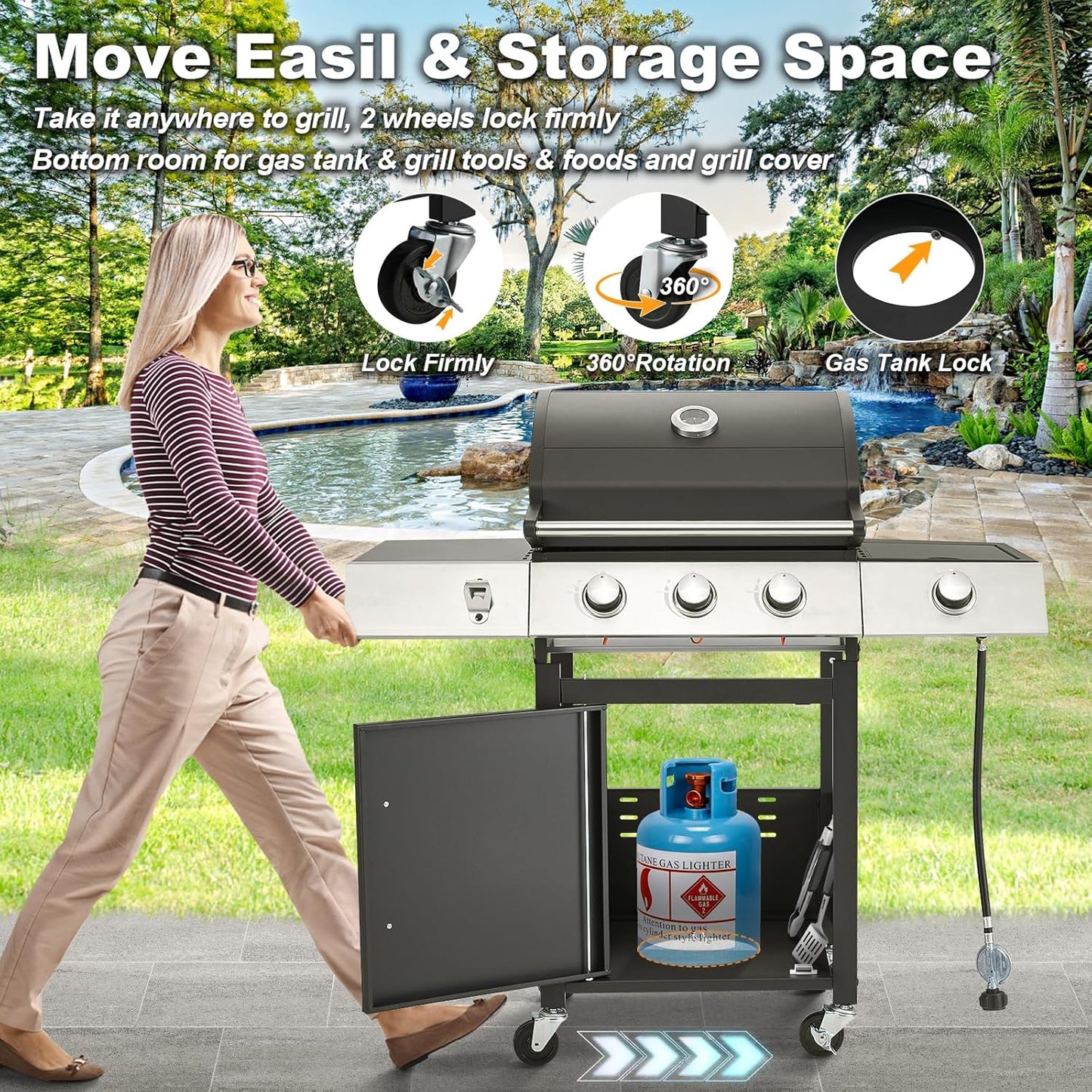 Upgraded 4 Burner BBQ Propane Gas Grill with Cast Iron Grates & Side Stove, 44,000 BTU Stainless Steel Burner Barbecue Grill for Patio, Camping, Outdoor Cooking MELLCOM