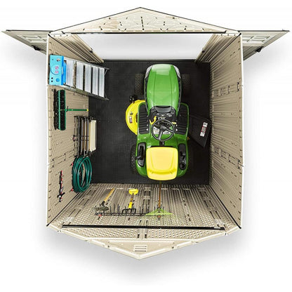 7×7 Ft Durable Weather Resistant Resin Outdoor Garden Storage Shed with Windows and Utility Hooks, Sand