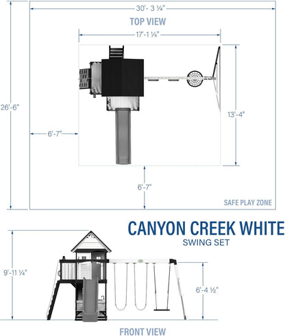 Canyon Creek Cedar Wood Swing Set with Wave Slide, Clubhouse, Play Kitchen, Picnic Area, Belt Swings, Web Swing, Rock Wall, Balconies, Playhouse, Step Ladder, Outdoor Playset