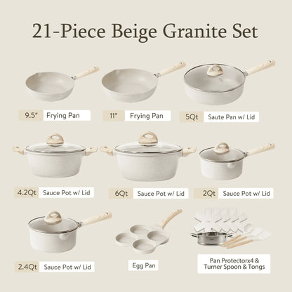 Non Stick Pots and Pans Set, 21 Pcs Induction Kitchen Cookware Sets (Beige Granite)