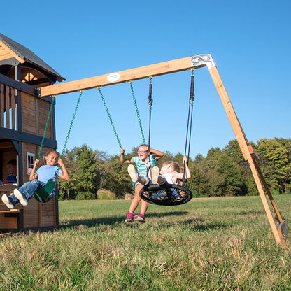 Backyard Discovery Canyon Creek Cedar Wood Swing Set with Wave Slide, Clubhouse, Play Kitchen, Picnic Area, Belt Swings, Web Swing, Rock Wall, Balconies, Playhouse, Step Ladder, Outdoor Playset