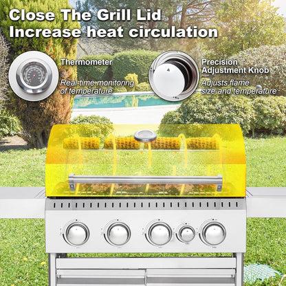 Upgraded 4 Burner BBQ Propane Gas Grill with Cast Iron Grates & Side Stove, 44,000 BTU Stainless Steel Burner Barbecue Grill for Patio, Camping, Outdoor Cooking MELLCOM