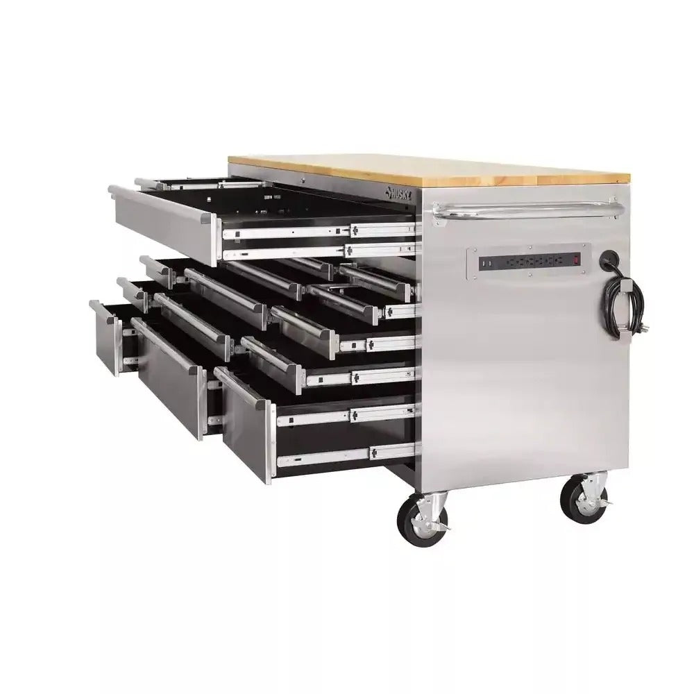 72 in 18-Drawer 24 in. D Mobile Workbench with Solid Wood Top Stainless Steel