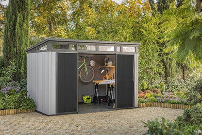 Keter Artisan 11x7 Modern Resin Outdoor Storage Shed Kit-Perfect to Store Patio Furniture, Garden Tools Bike Accessories, Beach Chairs and Lawn Mower, Grey & Black