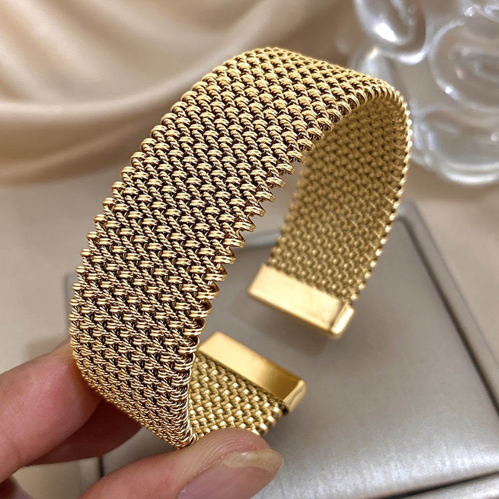 1pc Elegant 18K Golden Plated Titanium Steel Mesh Cuff Bangle - Luxury Open Bracelet for Women, Versatile Daily & Gift Wear Jewelry