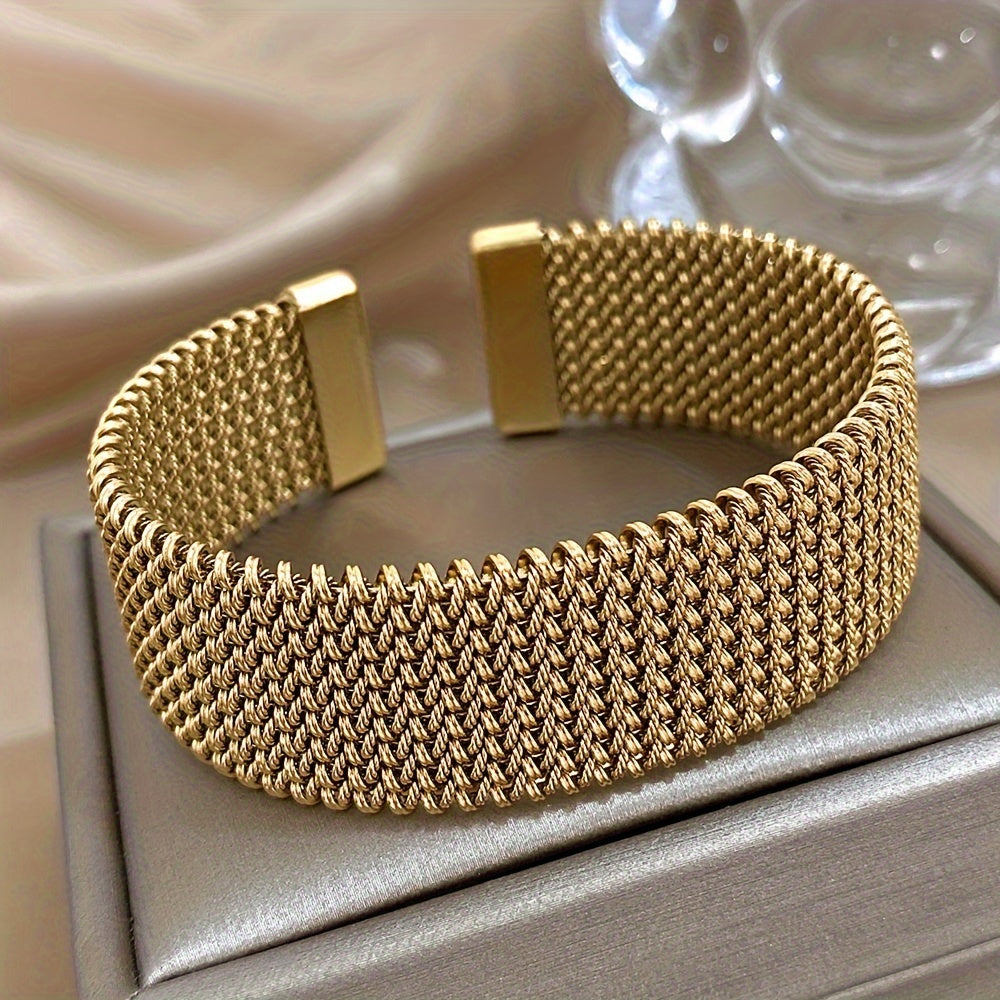1pc Elegant 18K Golden Plated Titanium Steel Mesh Cuff Bangle - Luxury Open Bracelet for Women, Versatile Daily & Gift Wear Jewelry
