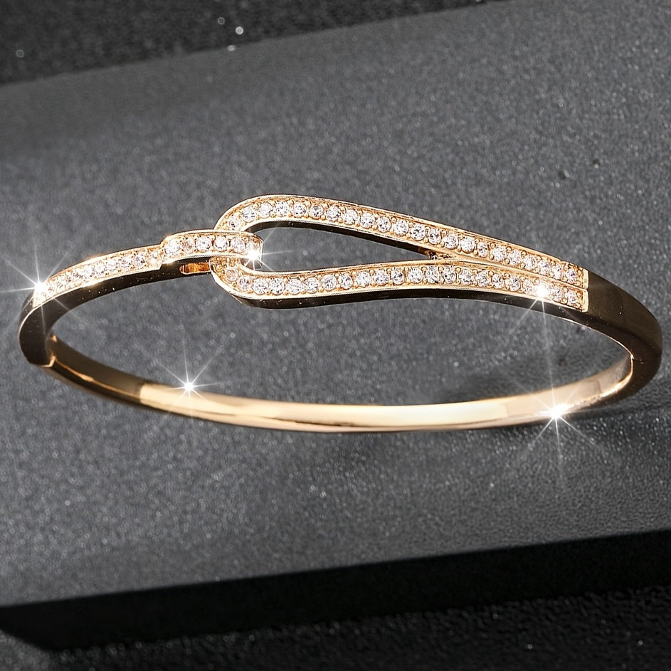 1pc Elegant Golden-Tone Open Cuff Bracelet with Sparkling White Zirconia - Chic & Simple Design, Ideal for Daily Wear & Parties, Perfect Ramadan & Christmas Gift for Friends